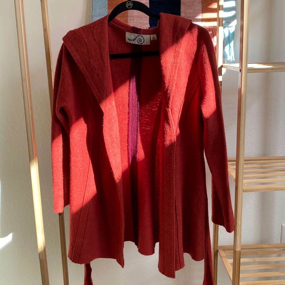 Burnt Orange 100% Wool Hooded Cardigan.